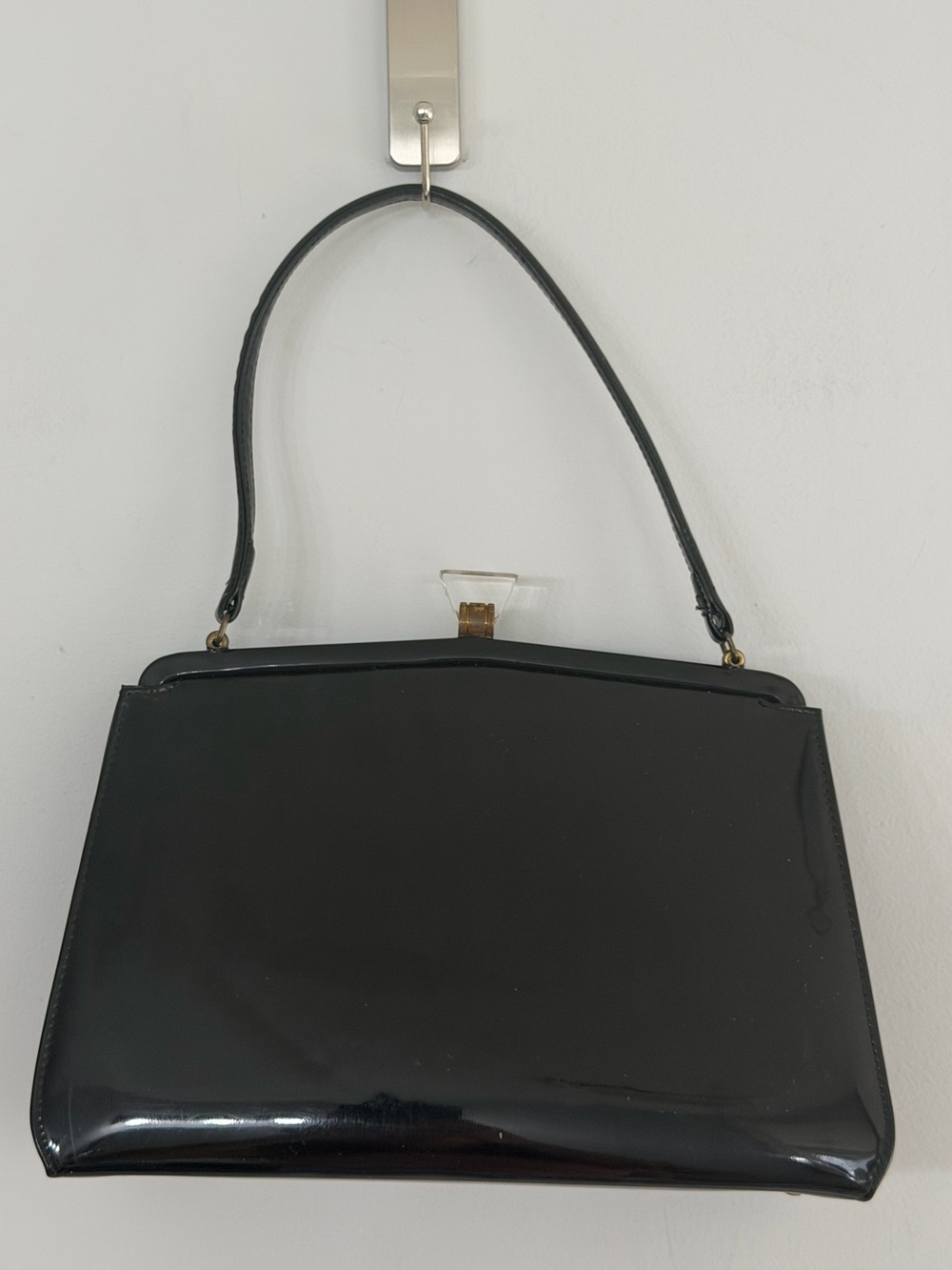 Vintage Theodor California Black Patent Leather Satin Lined Lucite Snap closure